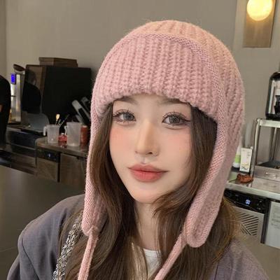 Korean Style Knitted Wool Earmuff Hat: Solid Color, Thickened for Autumn & Winter, with Strap, Unisex.