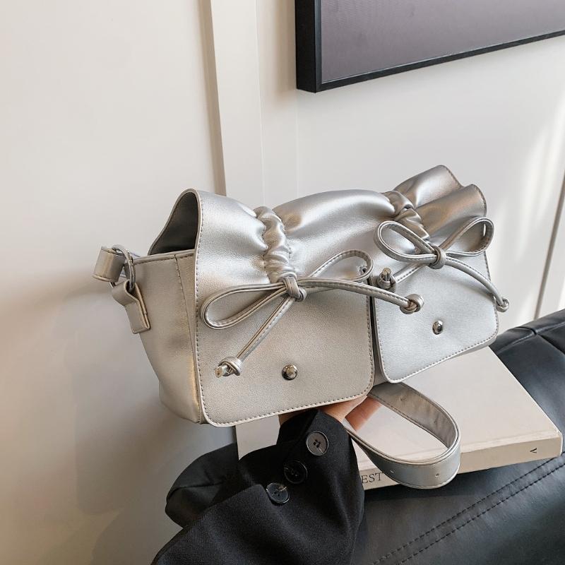 Womens Aesthetic PU Leather Underarm Bag Pleated Sweet Bowknot Shoulder Crossbody Bag Adjustable Armpit Handbag Purse