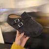 Fashion Scrub Soft Leather Bag Head Half Slippers Women's All-match Round Toe Deep Mouth Metal Buckle Platform Flats