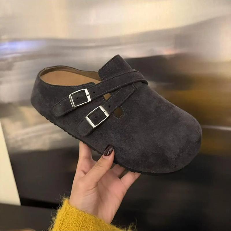Fashion Scrub Soft Leather Bag Head Half Slippers Women's All-match Round Toe Deep Mouth Metal Buckle Platform Flats