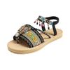 Women Ethnic Style Beaded Toe Loop Sandals Woven Straw Sole Flat Beach Shoes with Decorative Ankle Strap and Embellishments