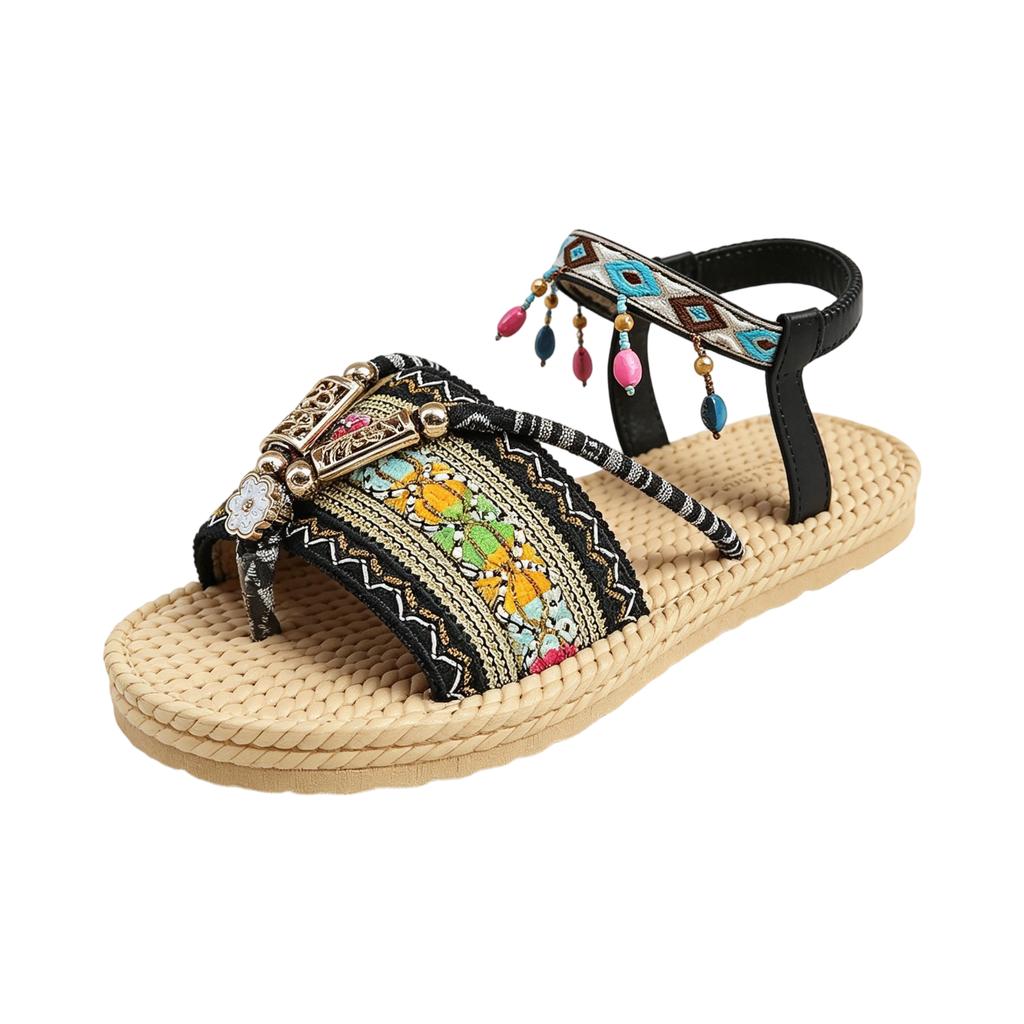Women Ethnic Style Beaded Toe Loop Sandals Woven Straw Sole Flat Beach Shoes with Decorative Ankle Strap and Embellishments