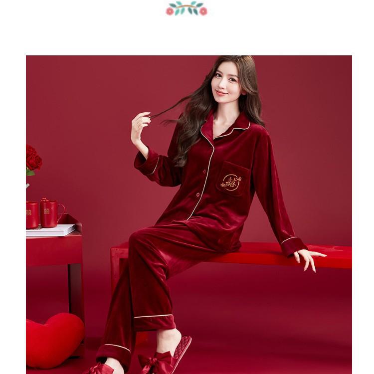 Luxury Red Island Velvet Couple Pajamas - Thick, Warm Coral Fleece Set for Autumn/Winter Weddings and Anniversaries