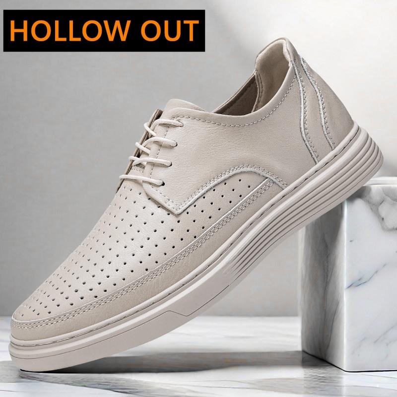 4.5cm Men's Height Increase Leather Loafers Lift Leather Breathable Comfortable Elevator Casual Shoes Hollow Out & All-Season