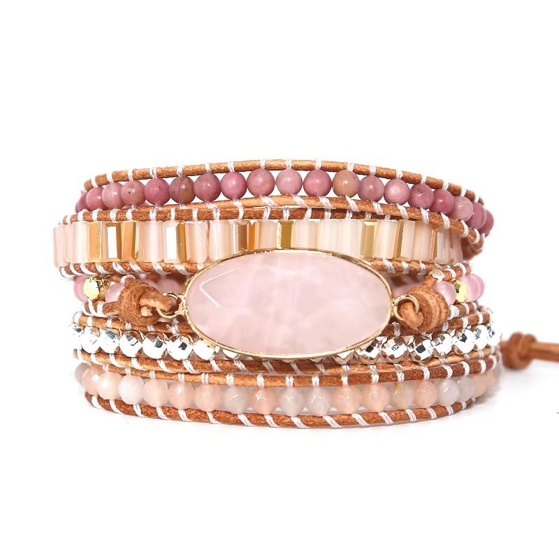 New Vintage Powder Crystal Cowhide Rope Interlocking Bracelet Fashionable Natural Stone Hand-woven Bead Bracelet for Women розовый