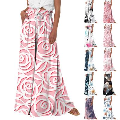 Women High Waisted Wide Leg Pants Summer Casual Flowy Palazzo Pants Floral Print Beach Trousers With Pocket