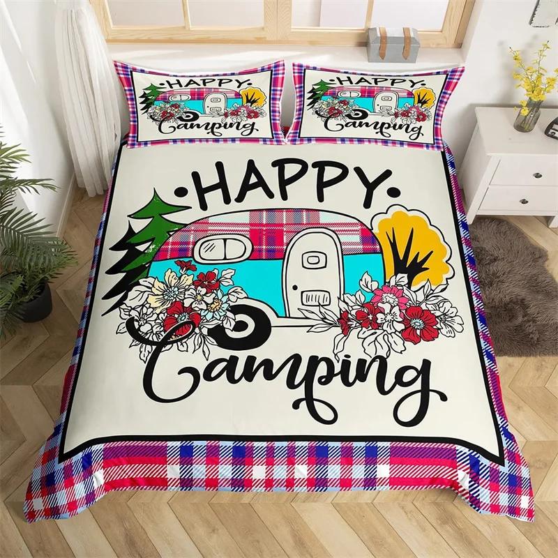 Camper Bedding Set Vintage Cabin Twin Full King Duvet Cover Cartoon Camp Travel Car Quilt Cover Farmhouse Style Comforter Cover