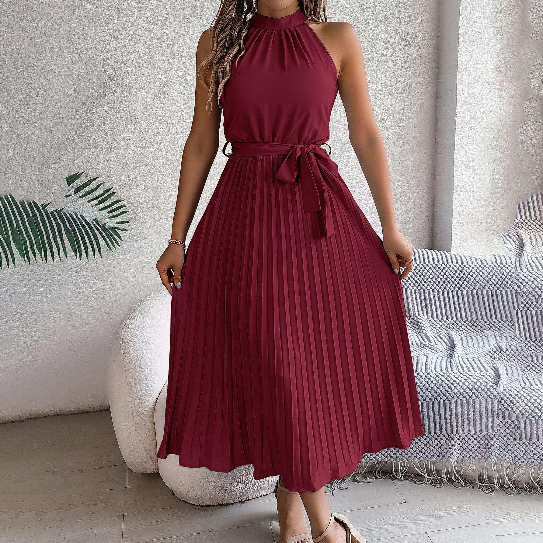 

Женское осенне-зимнее темпераментное однотонное плиссированное платье без рукавов с высокой талией и шнуровкой M бордовый