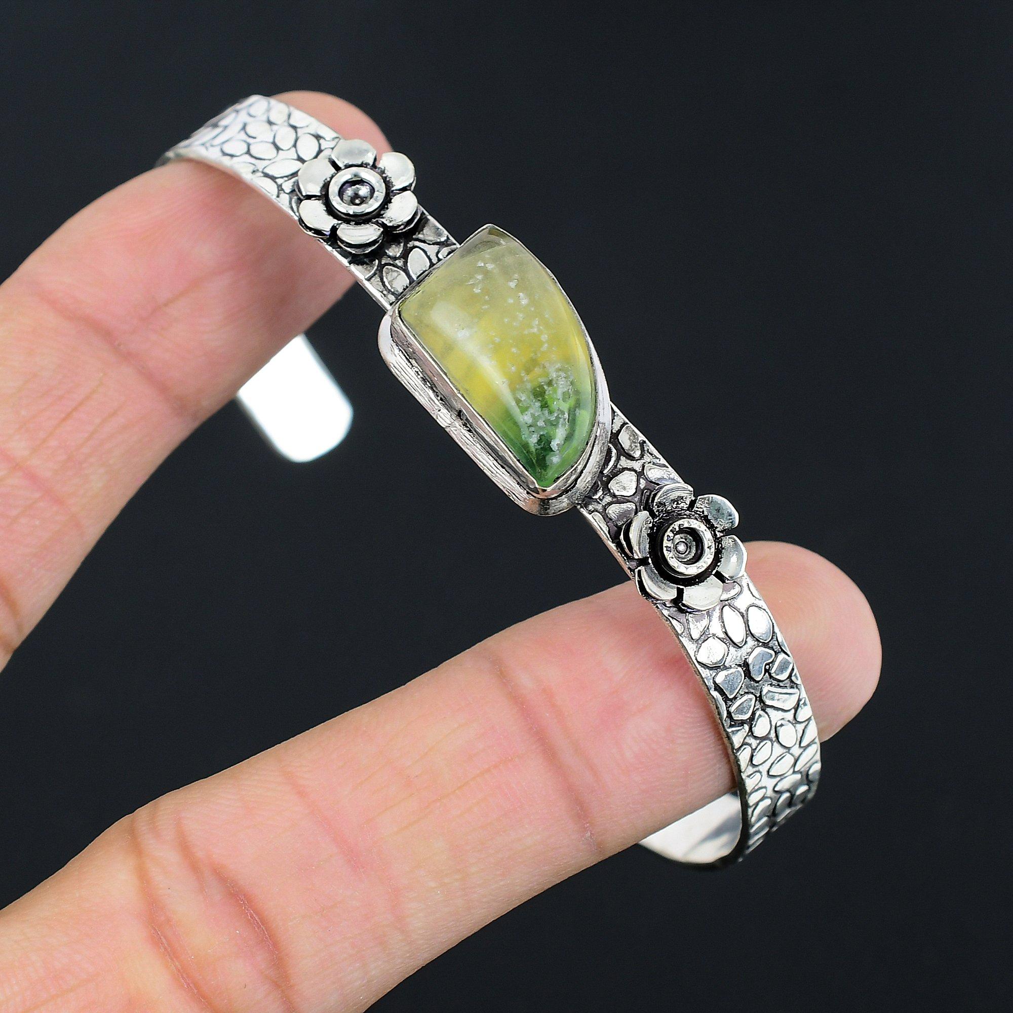 

Mothers day Sale Multi Fluorite Stone Boho Flower Bangle Jewelry Sterling Silver Adjustable