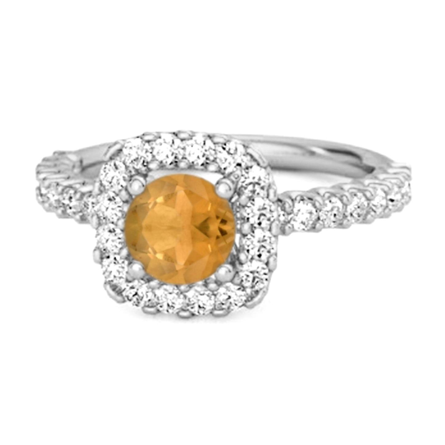 Citrine Round Cushion Halo Ring- 925  Sterling Silver 9.5