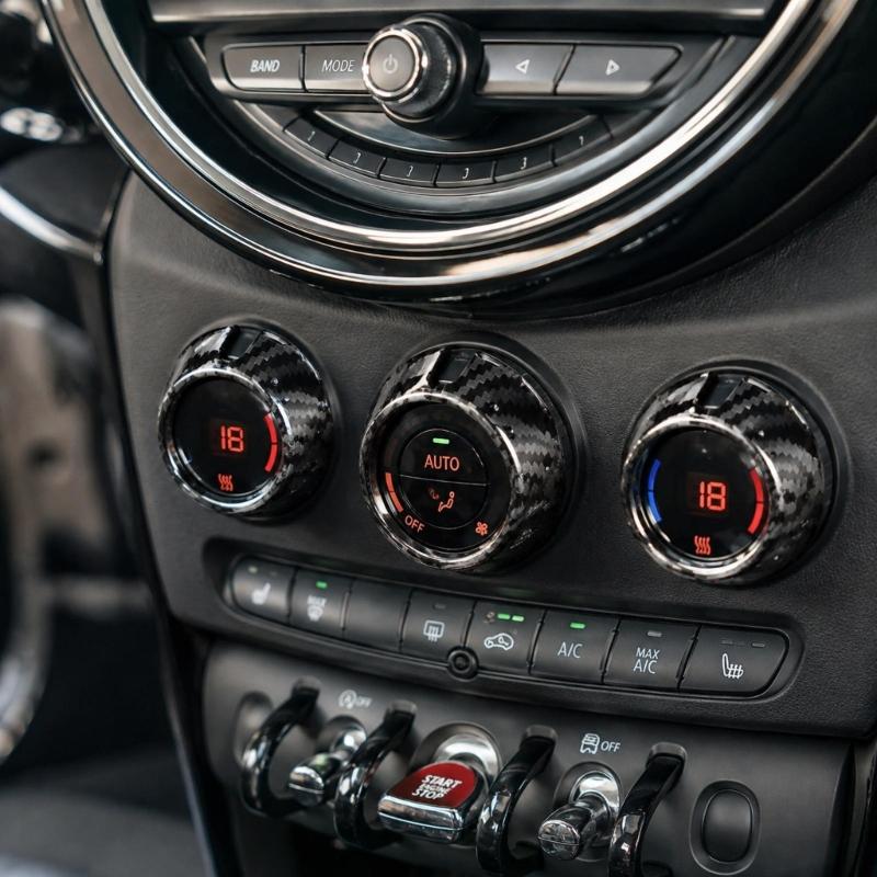 Dashboard Knob Trim Set for MINI F55 F56 F57 Carbon Fiber Look 3 Piece ABS Interior Control Panel Detail for Air Conditioner Area