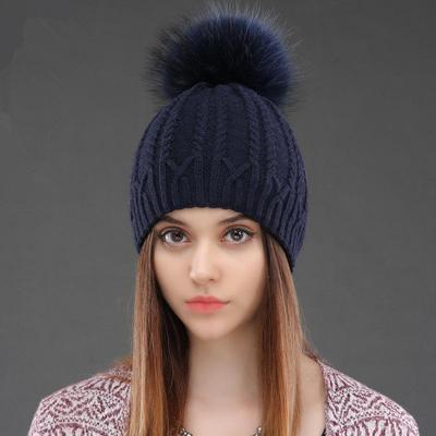 Women's Winter Warm Wool Raccon Fur Ball Ear Protection Solid Color Versatile Double Layer Pullover Hat