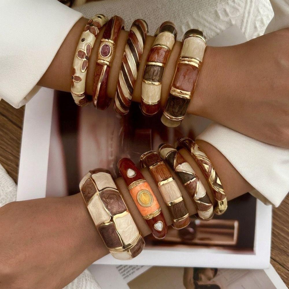 Geometric Striped Vintage Coffee Brown Enamel Wide Cuff Bracelet Open Bracelet Daily Party