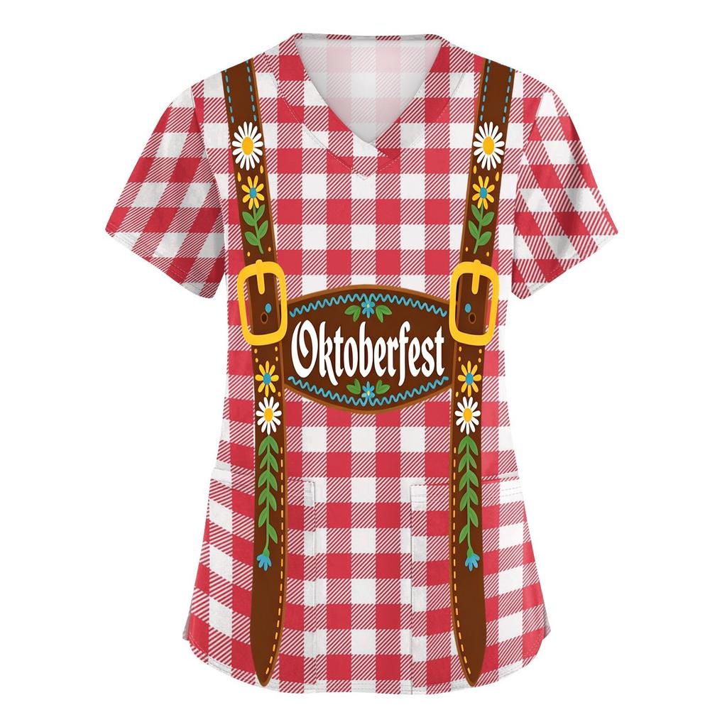 Women V Neck Short Sleeve Work Shirt with Pocket Oktoberfest Print Plaid Pattern Medical Scrub Top for Healthcare Professionals