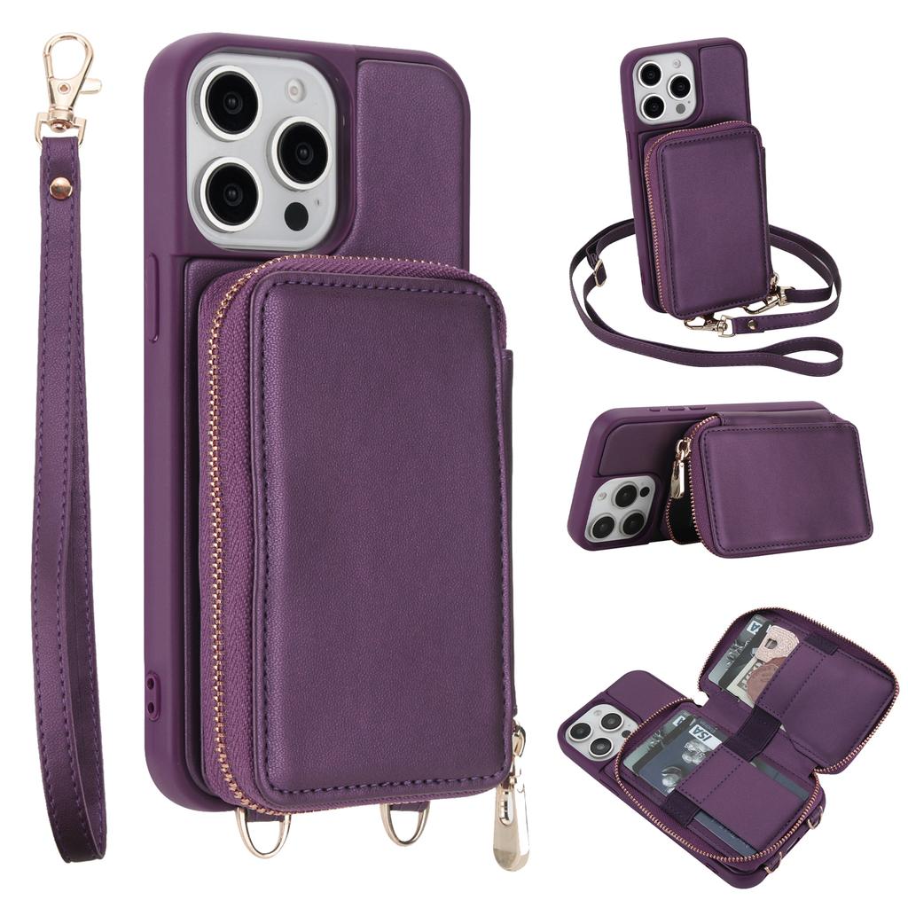 For iPhone 15 Pro Case RFID Blocking Zipper Wallet Leather + TPU Phone Cover with Shoulder Strap