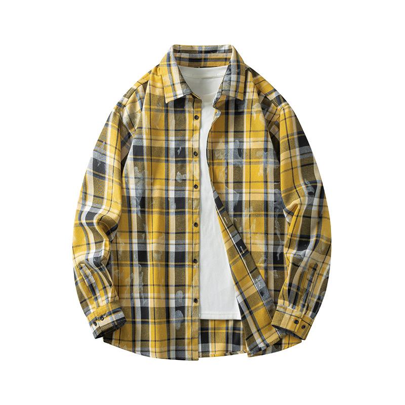 Tie-dye plaid long-sleeved shirts for men and women, autumn new trendy Hong Kong style casual jackets, youth tops