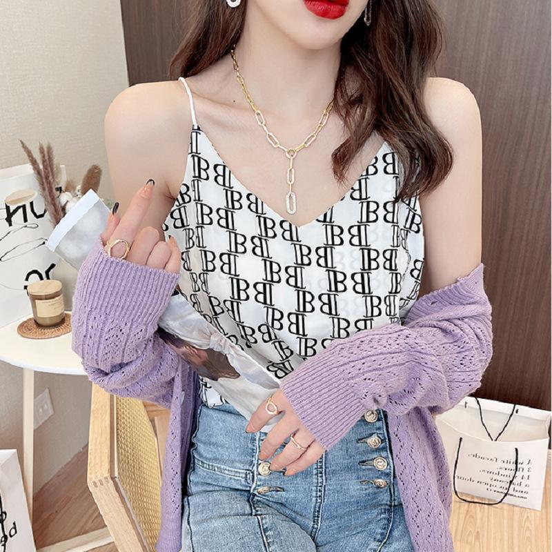 Thousand Bird Grid V-neck Chiffon Halter Vest Female Summer Net Red Suit with Sleeveless Outside To Wear A Loose Shirt