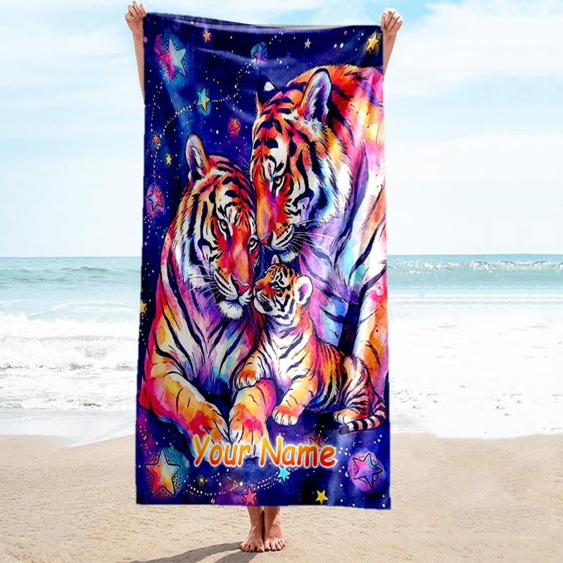 1PC Custom Name Tiger Family Stars Beach Towel Highly Absorbent And Sand-Resistant Towel for Swimming, Pool, Yoga, And Travel Lightweight