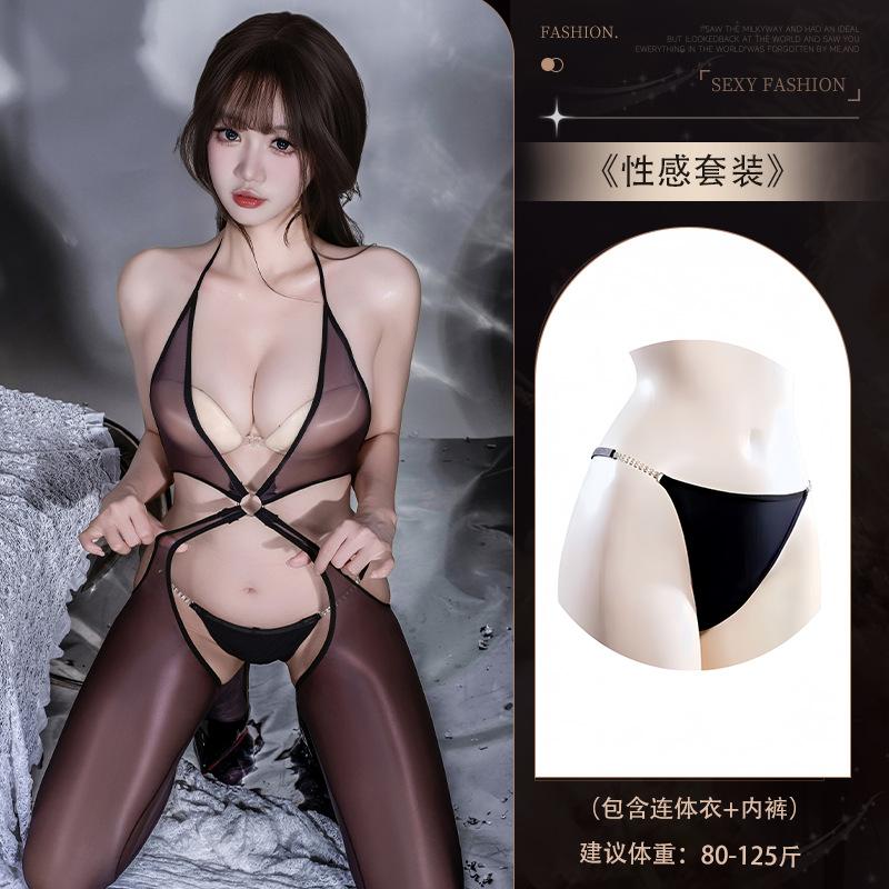 Sexy Underwear Hot Sexy Pure Desire Flirting Perspective Hollow High Elastic Horse Oil Light Open Crotch Onesie Women
