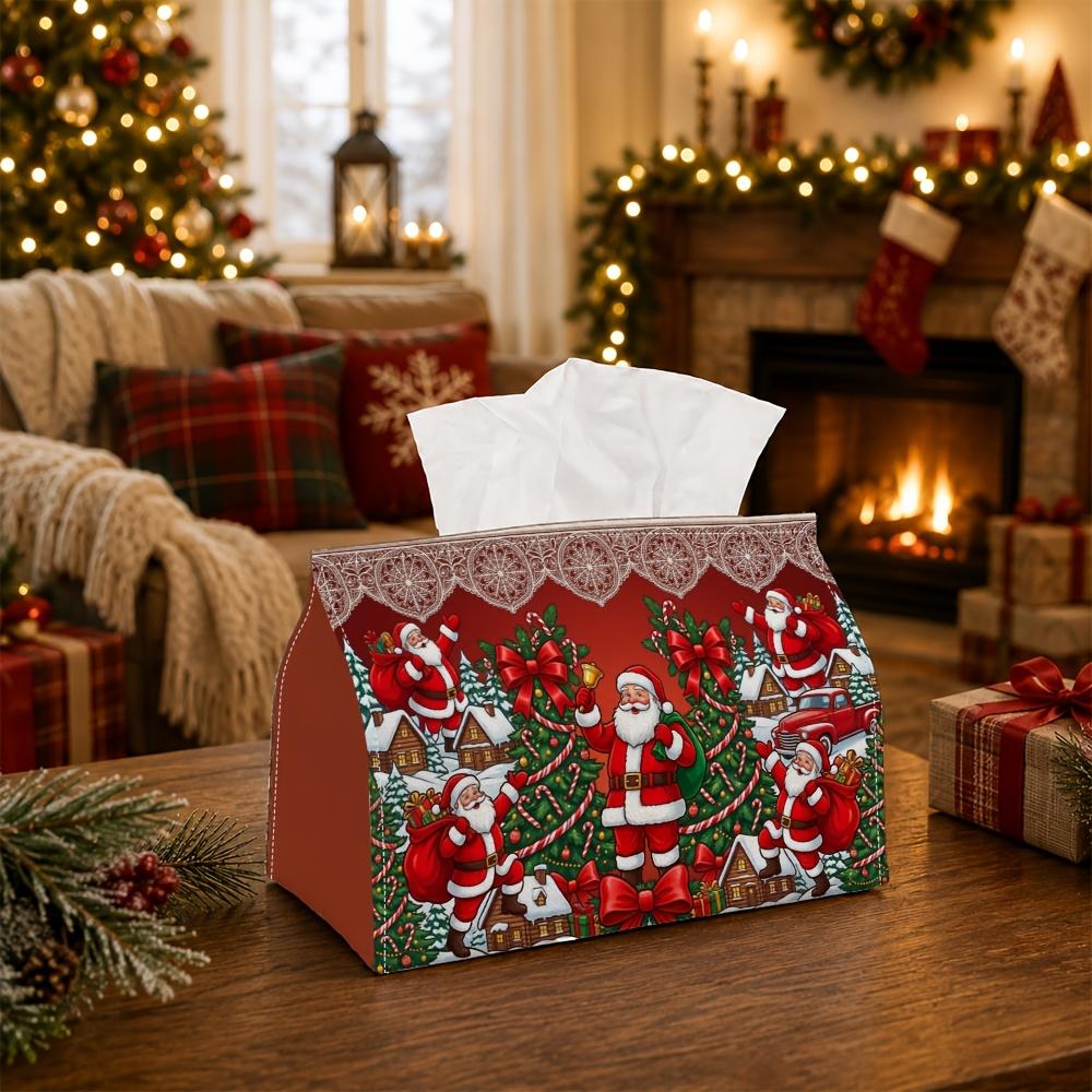 1pc Traditional Holiday Festive Tissue Box - Santa Claus Village Snow Napkin Storage Box, Suitable for Rolls/facial Tissues/single Sheets,available fo