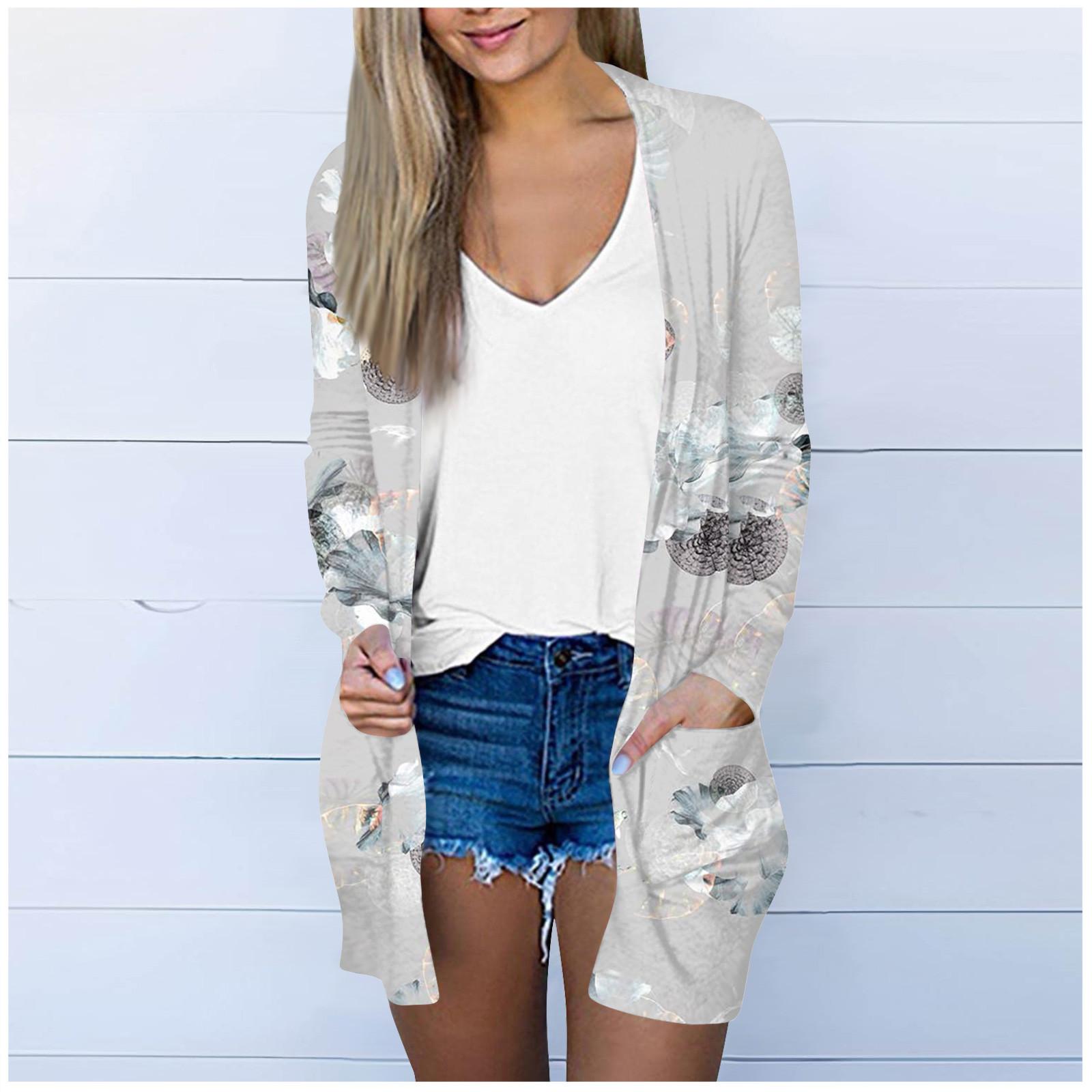 

Женская модная свободная повседневная куртка-кардиган средней длины с длинными рукавами и принтом, топ XXL серый