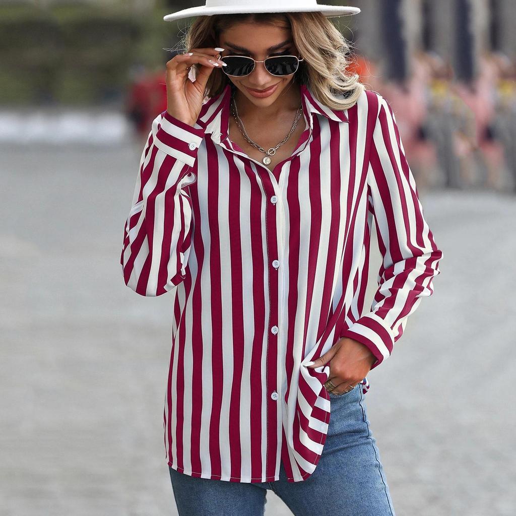 2024 Women's Spring/Summer Blue Striped Fashion Shirt - Versatile European and American Style