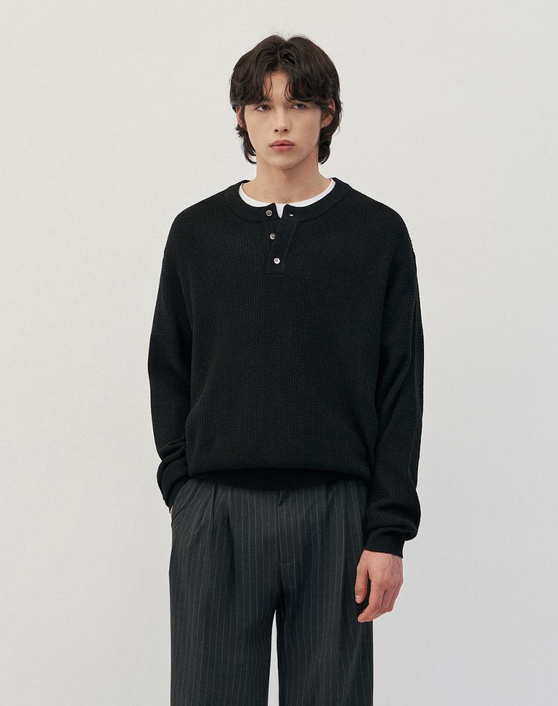 WORK ON BODY OFF Easyon Semi-Overfit Henley Neck Knit [Black]