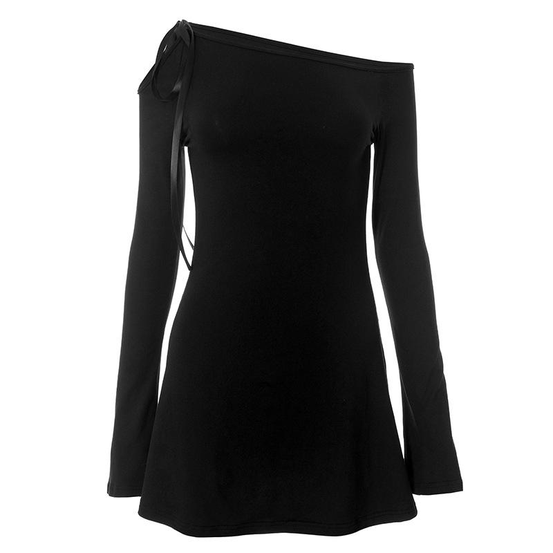 GMXIA Women's Fall One-shoulder Lace-up Collar Long Sleeve Ruffled Buttock Wrap Dress Women