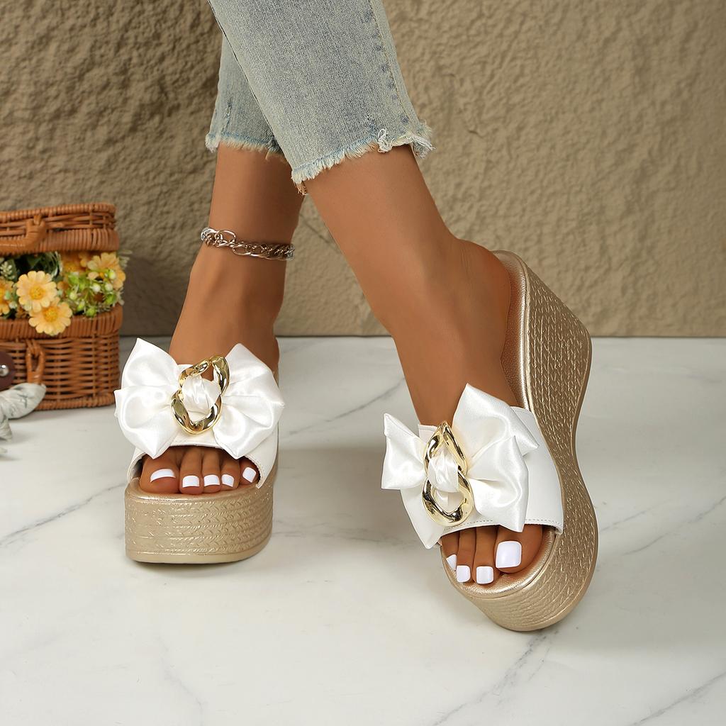 Fashion Aphixta Gold Sole 9cm Wedge Heels Slippers Bow Metal Decoration Mulers High Heels Platform Sandals Clog Shoe Slides Plus Size 43