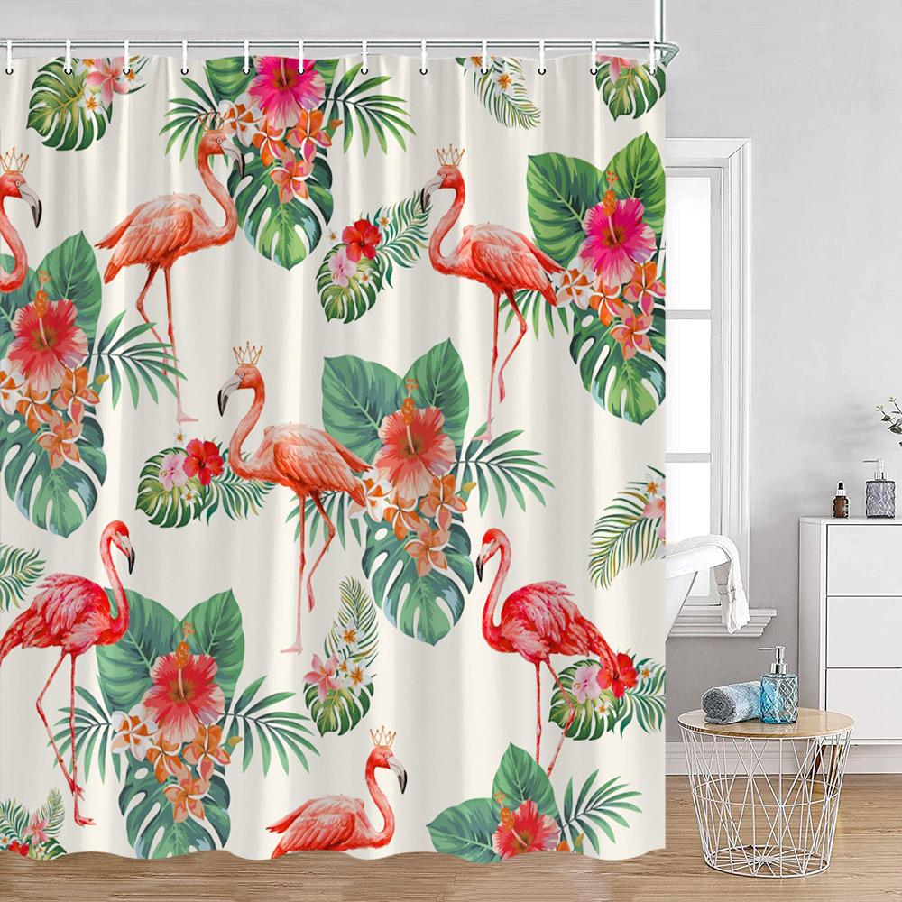 Flamingo Pink Birds Shower Curtains Tropical Palm Leaves Plants Jungle Nordic Bath Curtain Summer Vacation Fabric Bathroom Decor