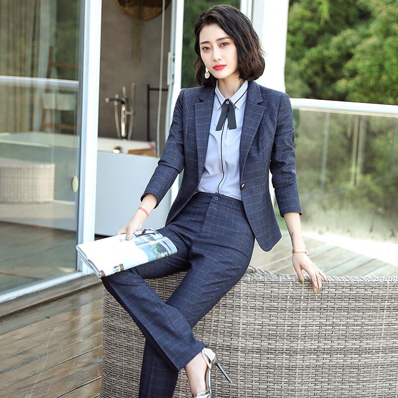 Tluoman Women's Fashion Business Plaid Blazer Suit