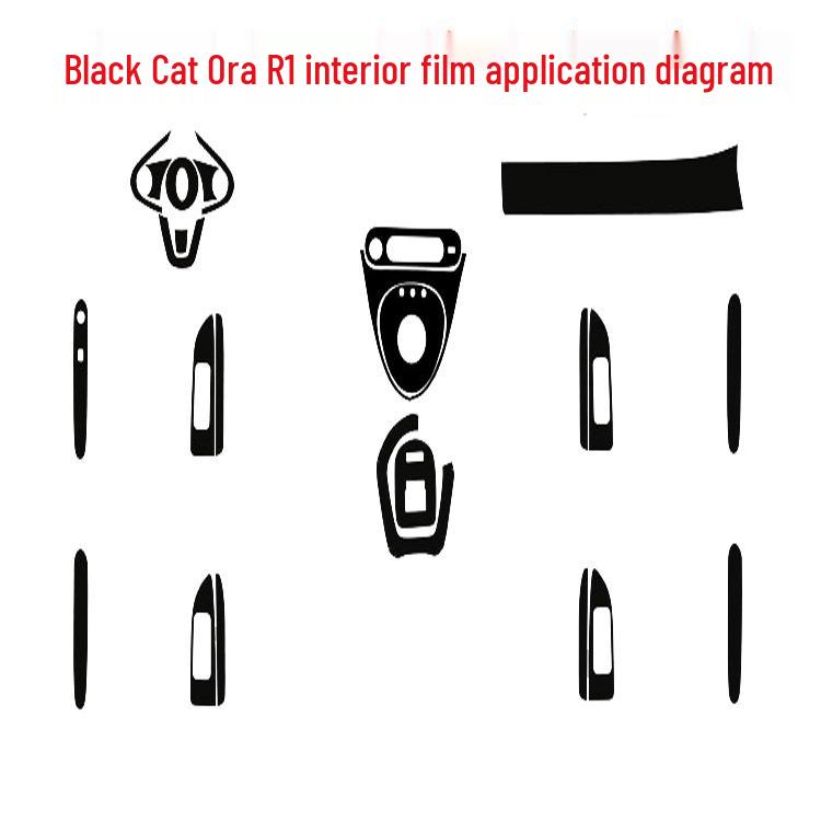 Carbon Fiber Interior Decor Stickers for Black Cat Ora R1: Central Control, Gear Position, and Door Panels