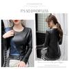 Høst Vinter Langermet Dame Bluse Patchwork Farger Plus Size Skjorte Dame Elastisk Varm Velvet Pu Lær Dame Overdeler