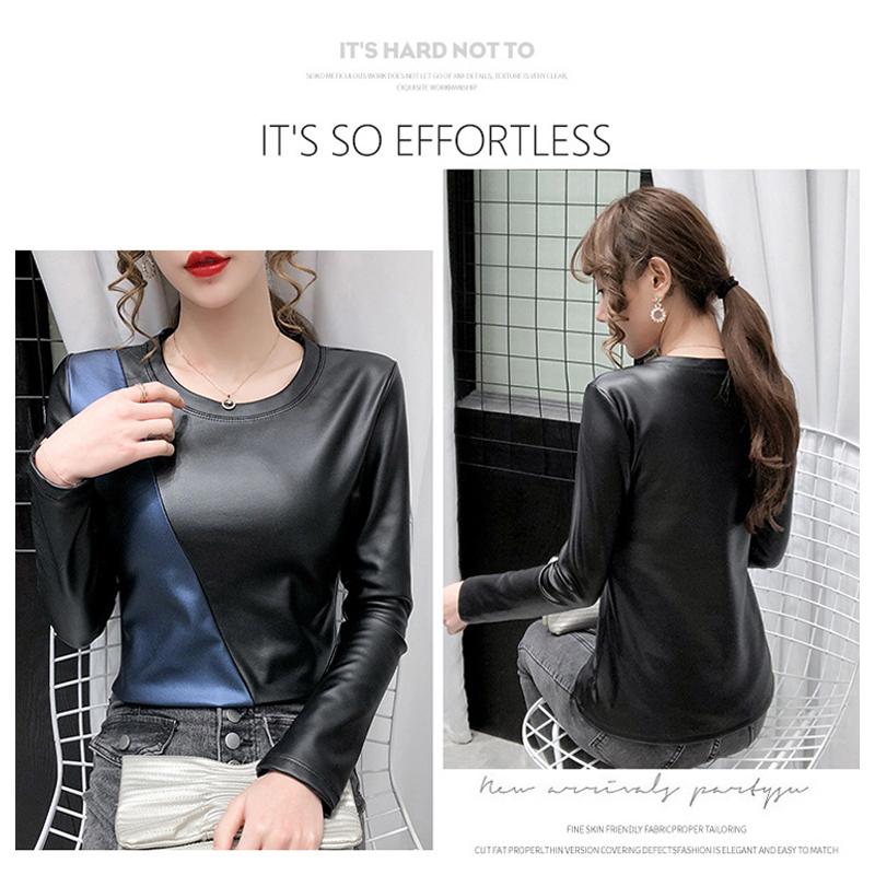 Høst Vinter Langermet Dame Bluse Patchwork Farger Plus Size Skjorte Dame Elastisk Varm Velvet Pu Lær Dame Overdeler