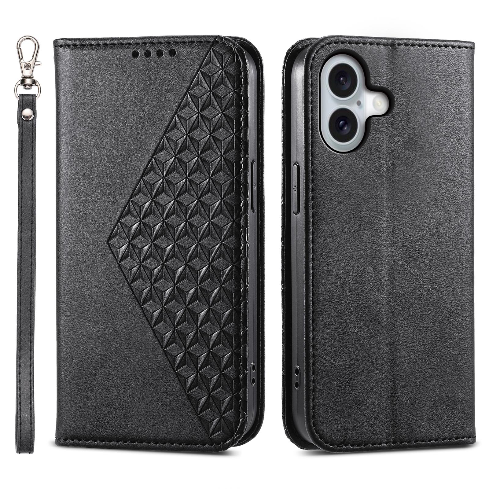 

For iPhone 16 Wallet Case Calf Texture PU Leather Phone Cover with Strap