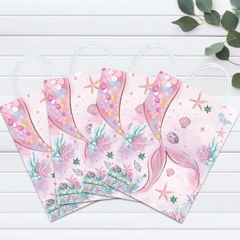 12pcs Mermaids Print Paper Bags Colorful Gift Bags for Ocean Themed Birthday Parties and Festives Event Party Supplies