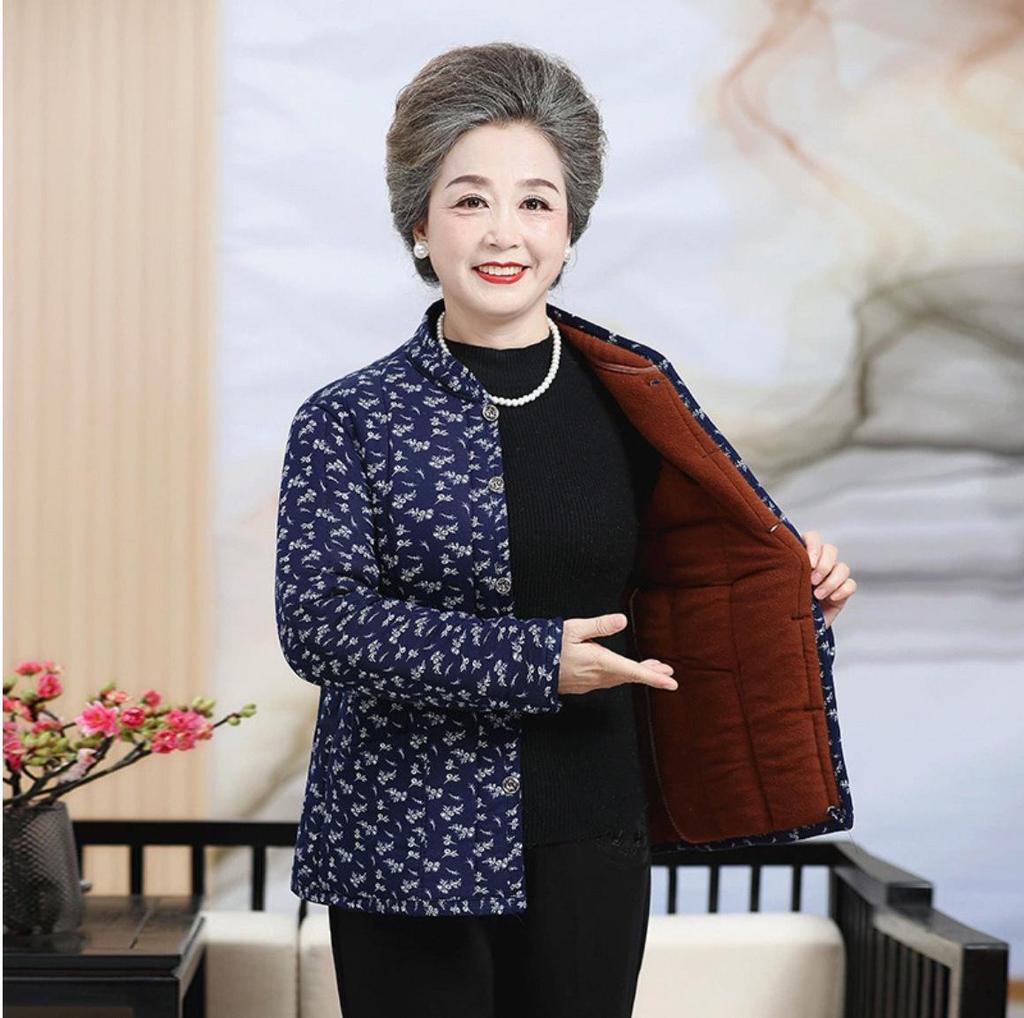Floral Padded Winter Jacket for Moms - Fleece-Lined Cotton Coat for Middle-Aged and Elderly Women