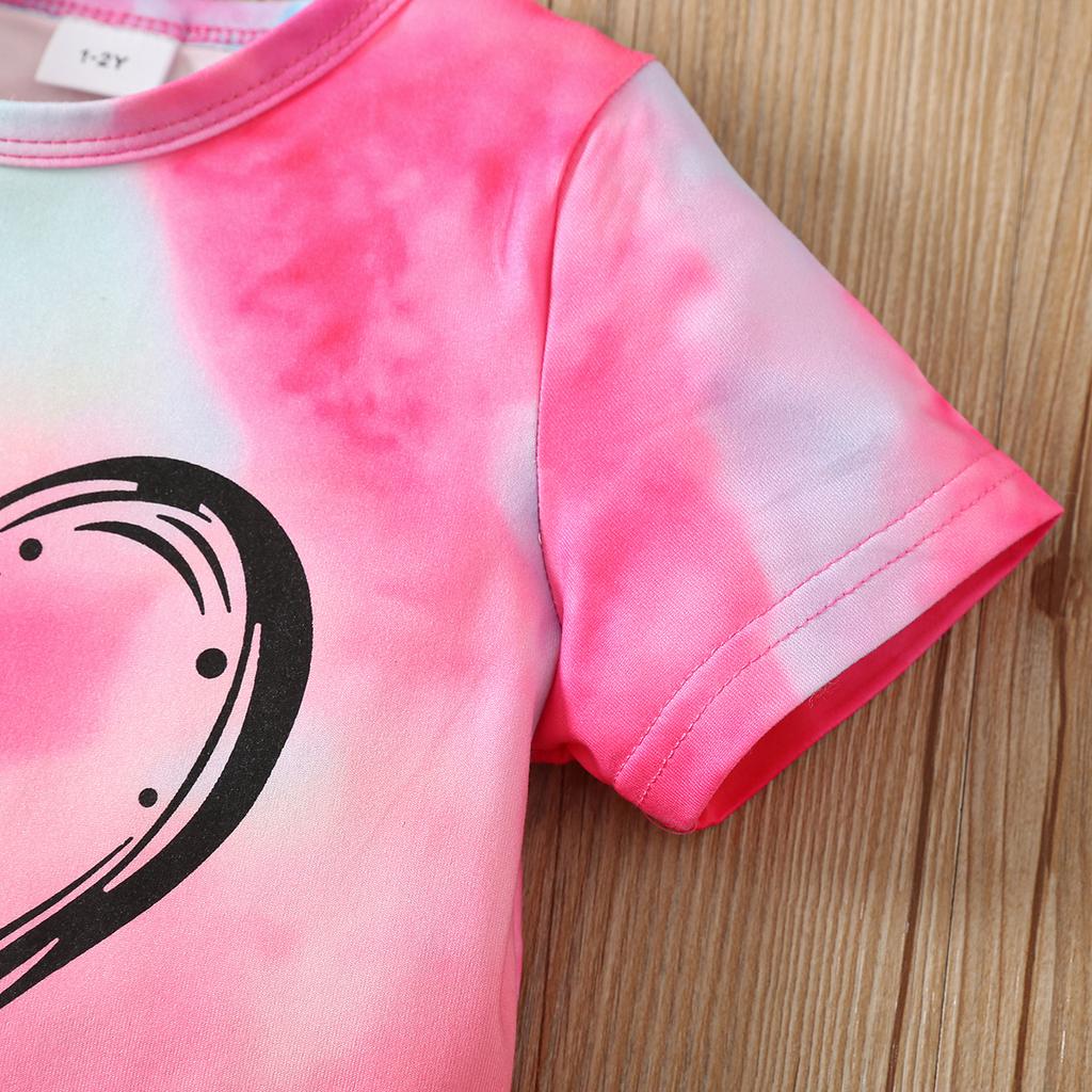 Girls Summer Outfit New Tie Dye Heart Print Short Sleeve Top  Shorts Set Casual Style
