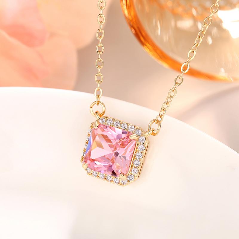 Huitan Square-shaped Pink Cubic Zirconia Pendent Necklace for Women Engagement Wedding Party Luxury Trendy New Necklace Jewelry