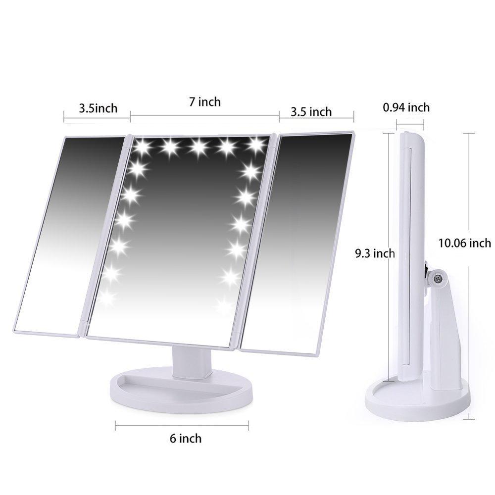 LED Desktop Folding Vanity Mirror with 2X/3X Magnification, Dual Power, Touch Dimming, Tri-Fold Design