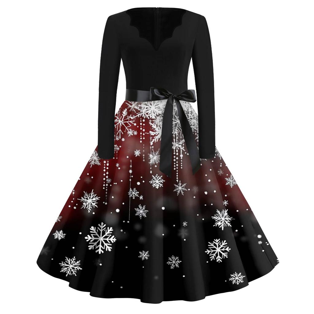 Dámské módní šaty s výstřihem do V, volného střihu, s vánočním potiskem a dlouhým rukávem