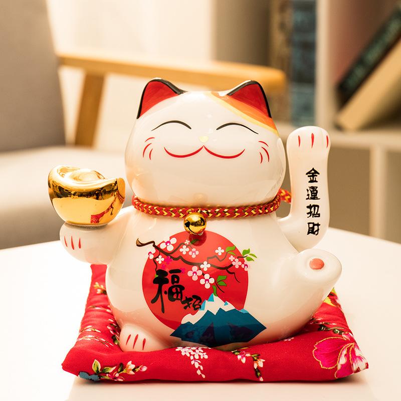 6 Inch Fortune Cat with Waving Arm Ceramic ManekI Neko Feng Shui Ornament Lucky Cat for Shops, Restaurants and Home Deoration