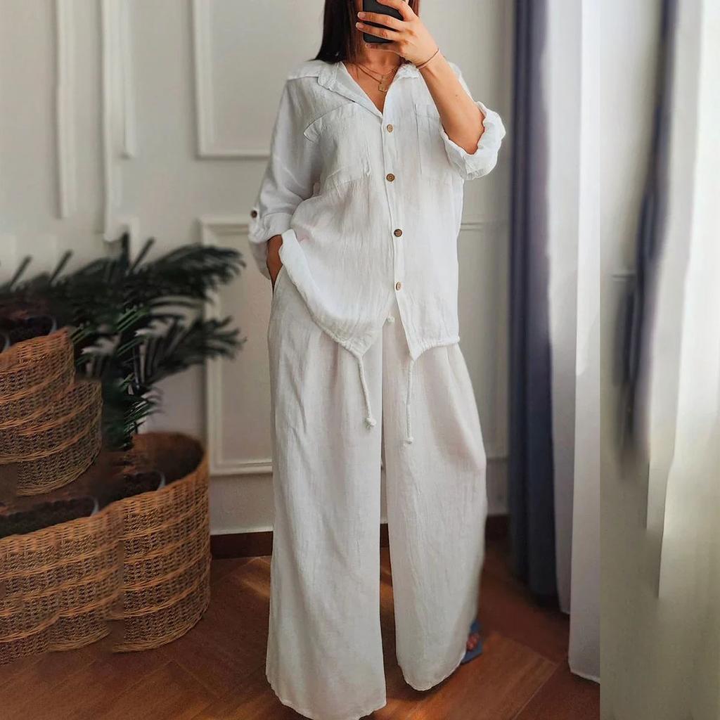 Women's Casual Solid Color Long Sleeve Shirts Cotton Linen Pants Suit
