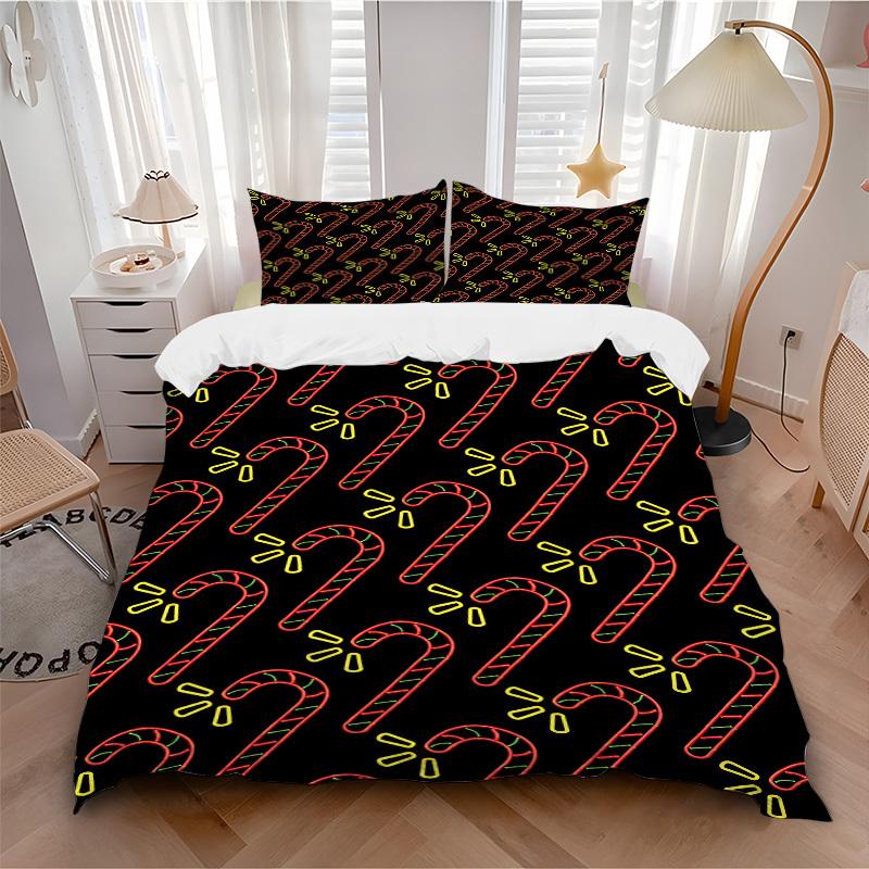 3Pcs Candy Cane Pattern Printed Bedding Set, Breathable And Soft, Machine Washable, Christmas Gift, Suitable for Bedroom Decoration, 15142
