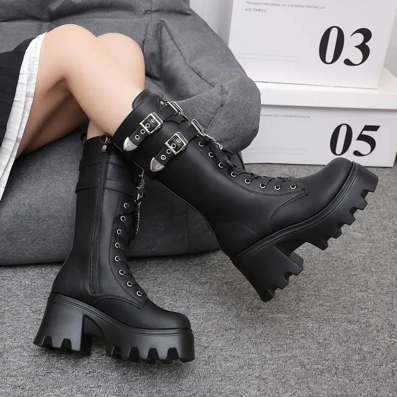 Fashion Women's Punk Gothic Boots Fashion Buckle Chain High Heels Mid Calf Boots Women Black Pu Leather Plus Size 42 Autumn Botas
