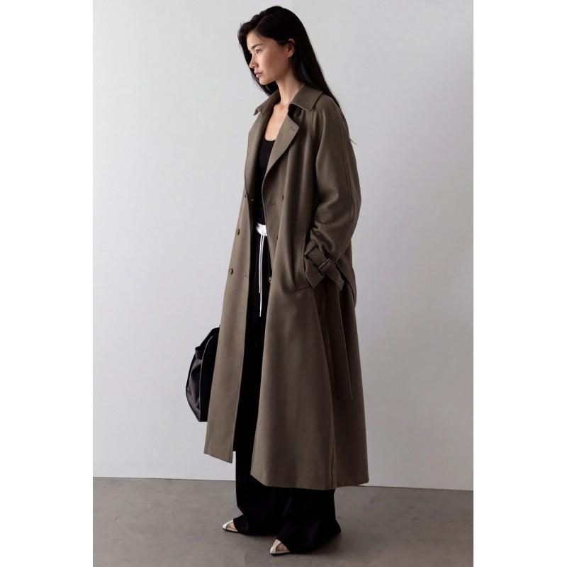 Doppelreihiger Trenchcoat für Damen mit Stehkragen, Taillengürtel, lockerer Passform, langer Länge, übergroße Oberbekleidung in einfarbigen Farben