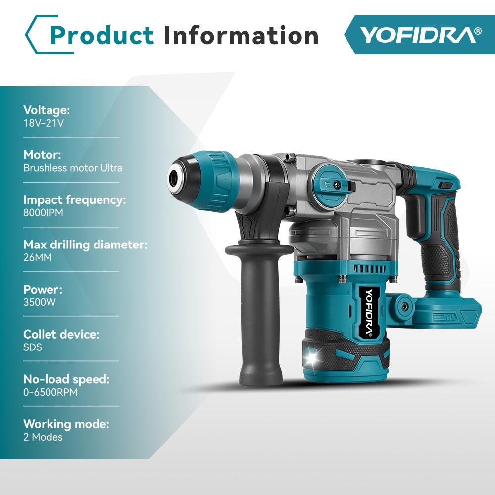 YOFIDRA Brushless 26MM Electric Hammer Impact Drill 8000IPM Multi-Screwdriver Rotary Drilling Tool For Makita 21V Battery Pin