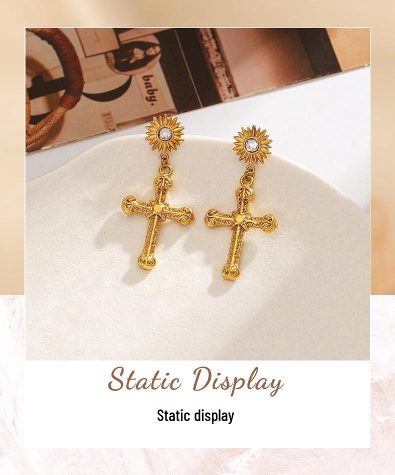 18K Gold-Plated Stainless & Titanium Steel Cross Stud Earrings for Women