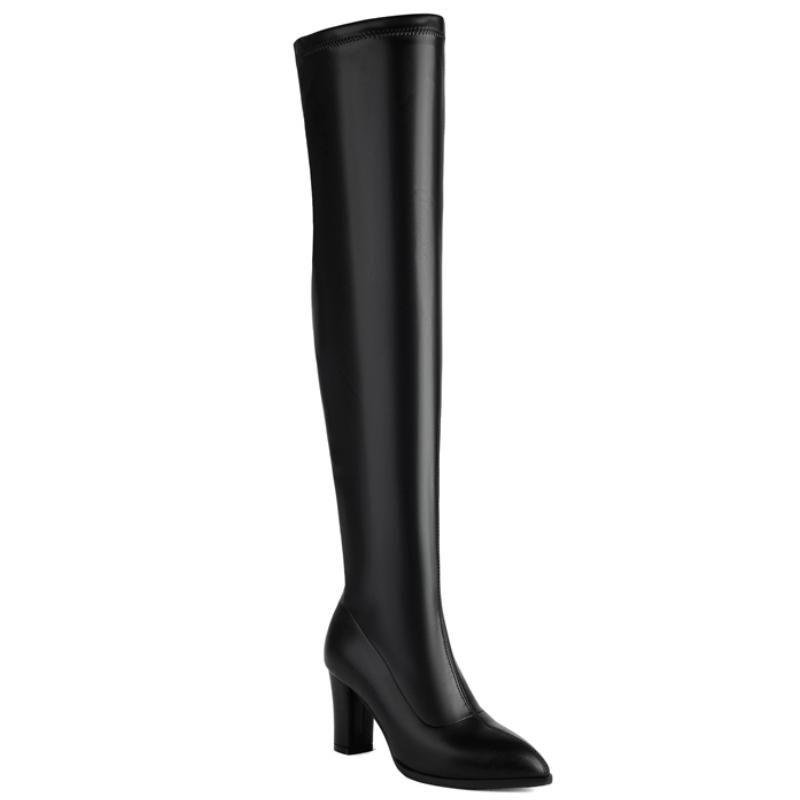 Modische Overknee-Stiefel für Damen, sexy, lange Overknee-Stiefel, spitze Winterschuhe, Partyschuhe mit schwarzem und goldenem Absatz, Größe 45