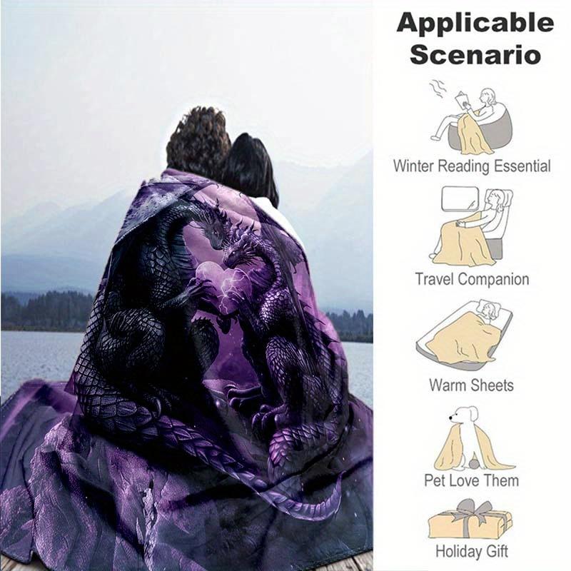 Purple Dragon Flannel Blanket – Intricate Double Dragon Design – Warm Cozy All-Season Throw – Perfect for Camping Sofa Bed